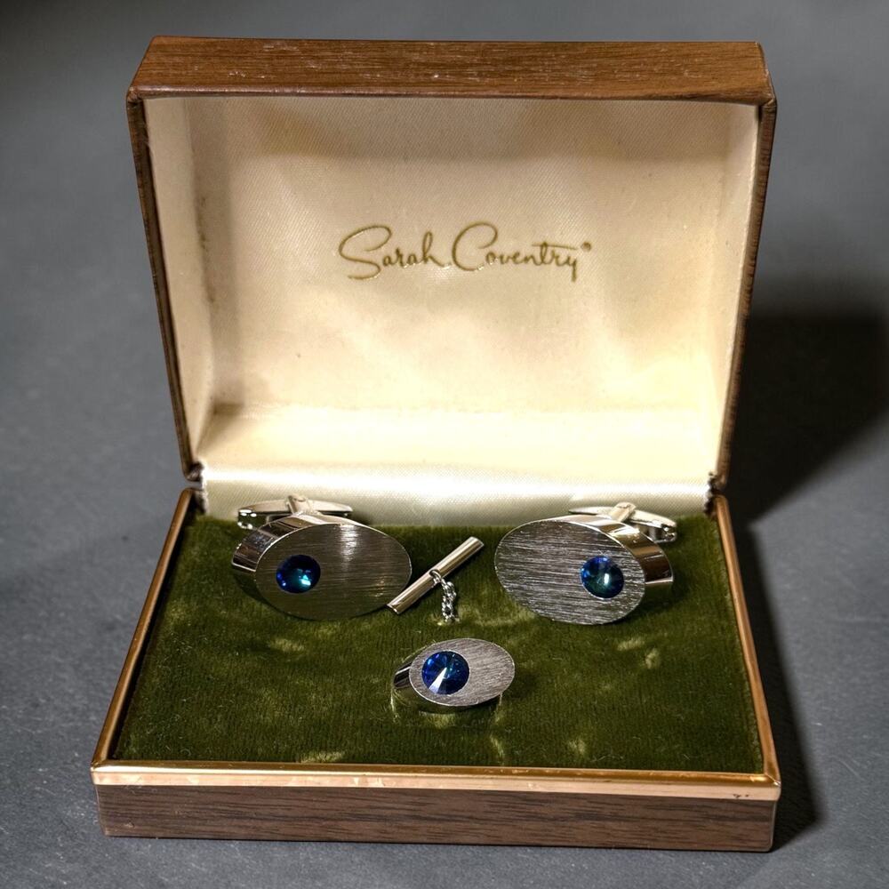 Vintage Sarah Coventry Cufflinks and Tie Pin Mens Silver Tone Blue Glass Jewel